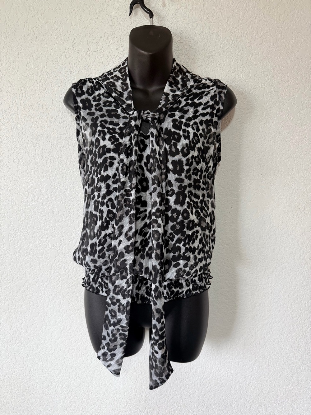 Downtown Girl BCX Black and White Leopard Tie-Neck Sleeveless Top